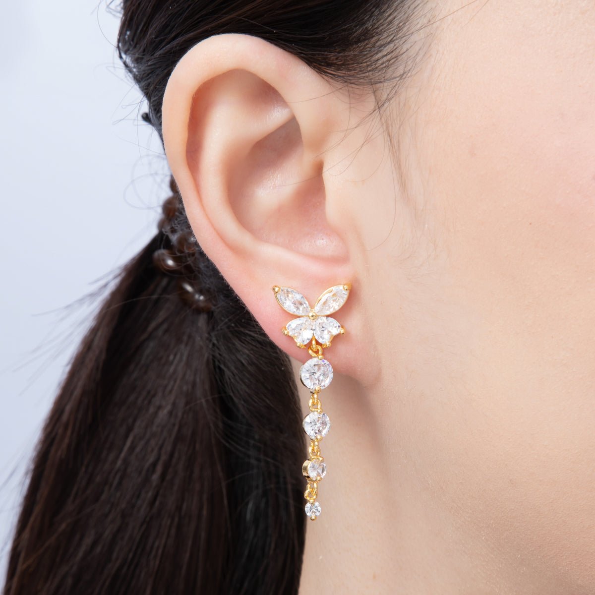 18K Gold Filled 42.5mm Clear CZ Butterfly Drop Stud Earrings | Earrings-00047