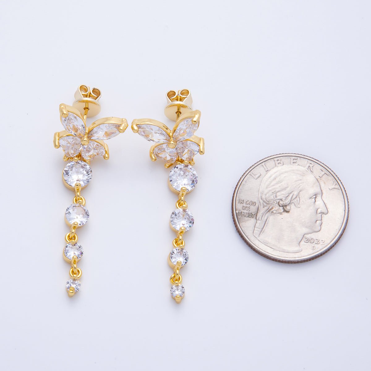 18K Gold Filled 42.5mm Clear CZ Butterfly Drop Stud Earrings | Earrings-00047