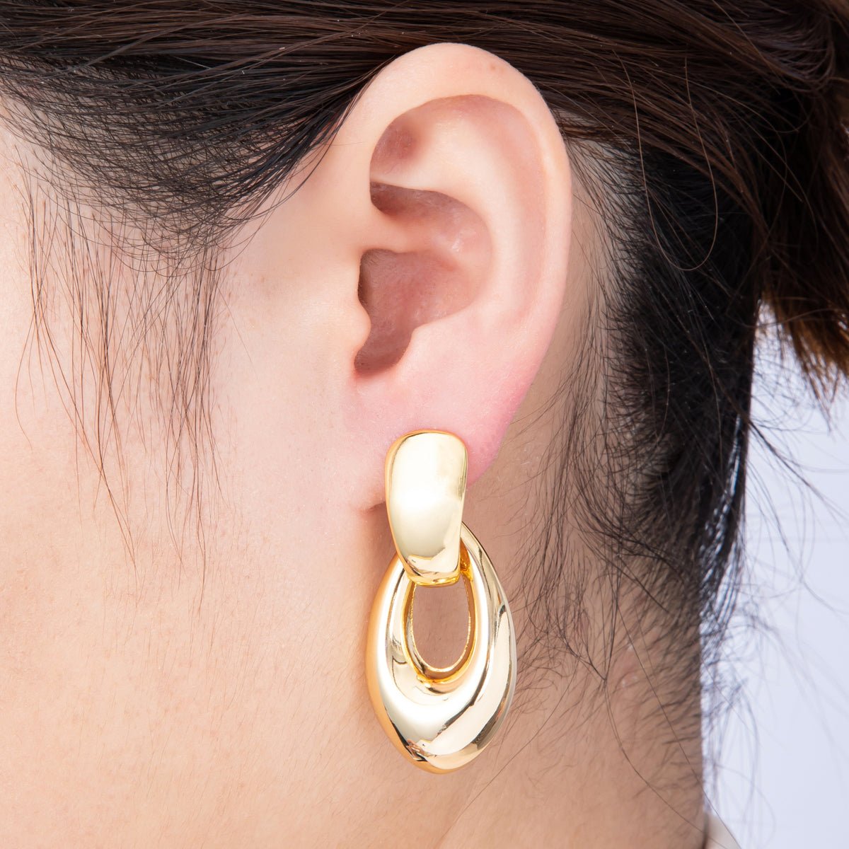 18K Gold Filled 44mm Geometric Chubby Oblong Door Knocker Drop Stud Earrings | Earrings-00306