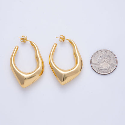 18K Gold Filled 45mm Hammered Geometric J-Shaped Hoop Earrings | T496