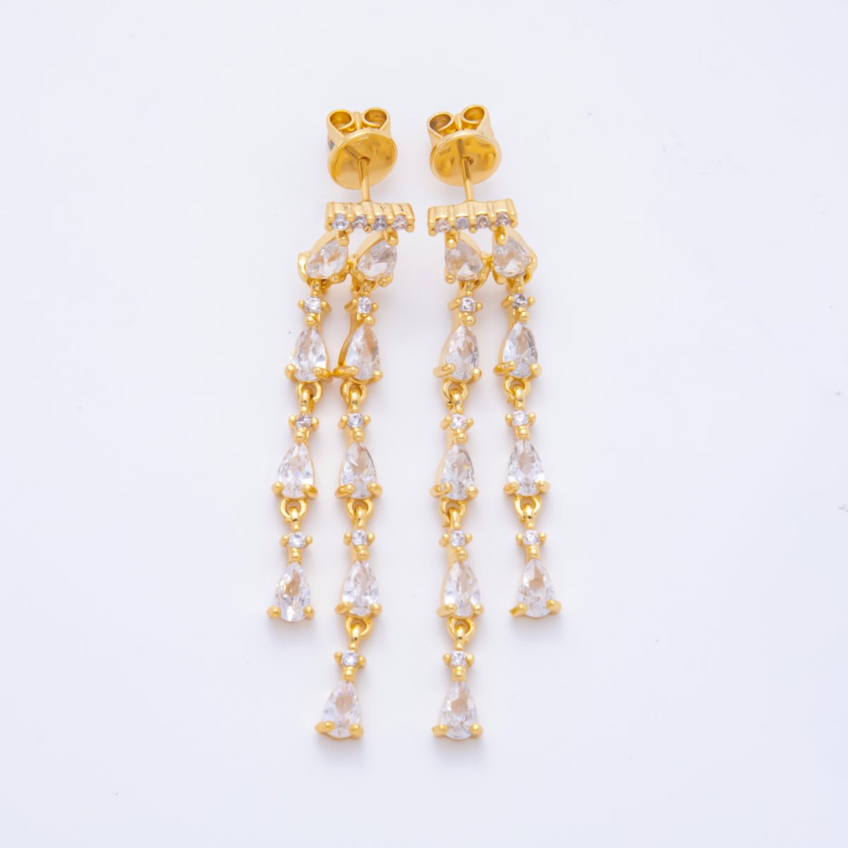18K Gold Filled 48.5mm Double Clear CZ Teardrop Linear Drop Stud Earrings | AJ277