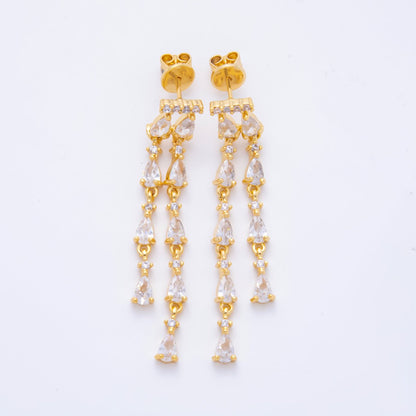 18K Gold Filled 48.5mm Double Clear CZ Teardrop Linear Drop Stud Earrings | AJ277