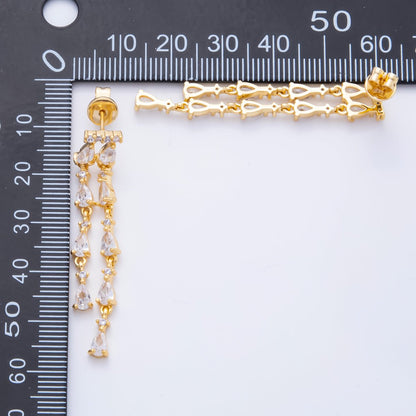 18K Gold Filled 48.5mm Double Clear CZ Teardrop Linear Drop Stud Earrings | AJ277