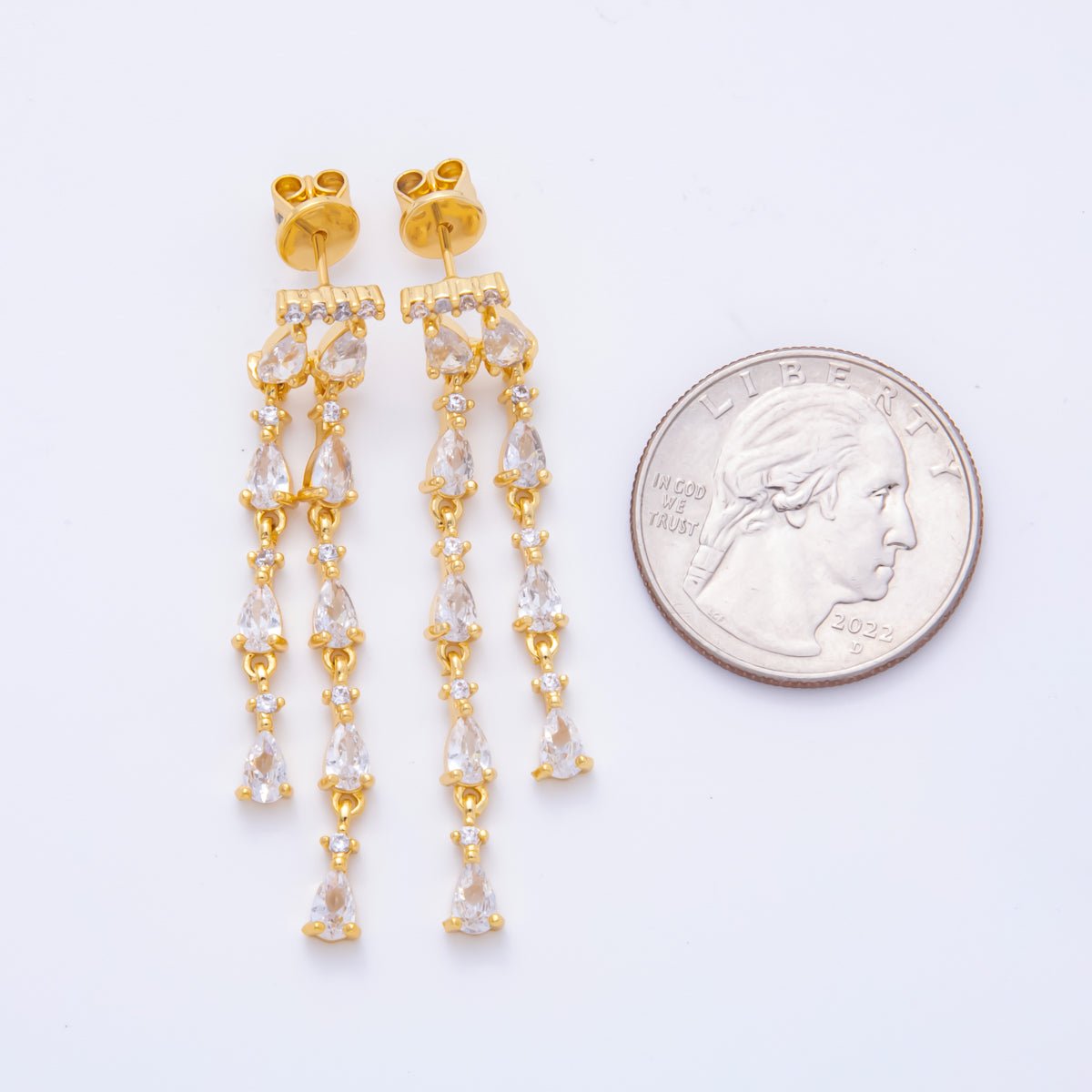 18K Gold Filled 48.5mm Double Clear CZ Teardrop Linear Drop Stud Earrings | AJ277