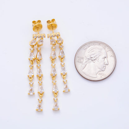 18K Gold Filled 48.5mm Double Clear CZ Teardrop Linear Drop Stud Earrings | AJ277