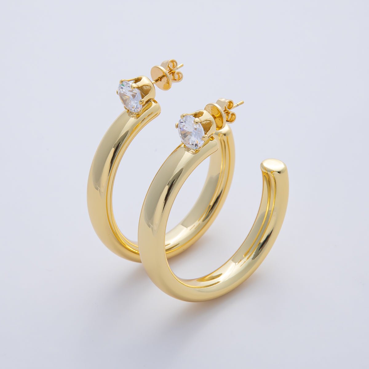 18K Gold Filled 48mm Clear CZ C-Shaped Hoop Earrings | AD1651