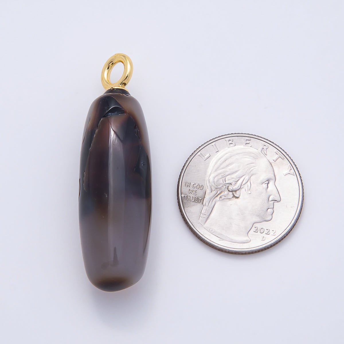 18K Gold Filled 48mm Dark Grey Agate Gemstone Ovoid Oval Tube Charm | Charms-01074