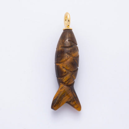 18K Gold Filled 48mm Quartz, Agate, &amp; Tiger Eye Gemstone Sardine Fish Charm | C919 C923 C932 E008