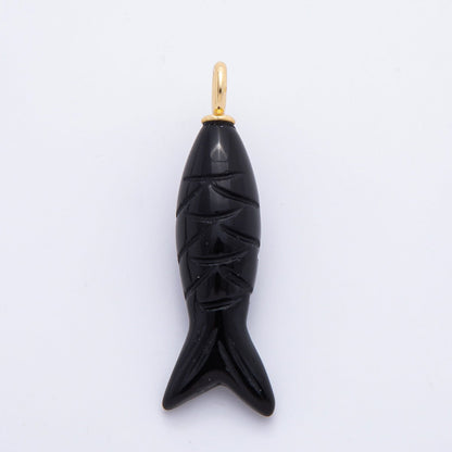 18K Gold Filled 48mm Quartz, Agate, &amp; Tiger Eye Gemstone Sardine Fish Charm | C919 C923 C932 E008