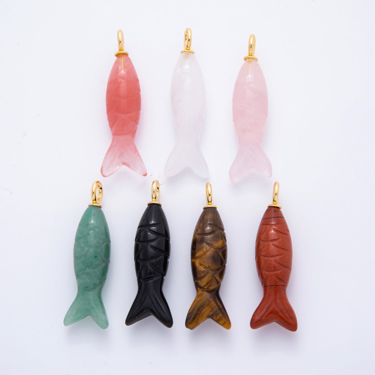 18K Gold Filled 48mm Quartz, Agate, &amp; Tiger Eye Gemstone Sardine Fish Charm | C919 C923 C932 E008