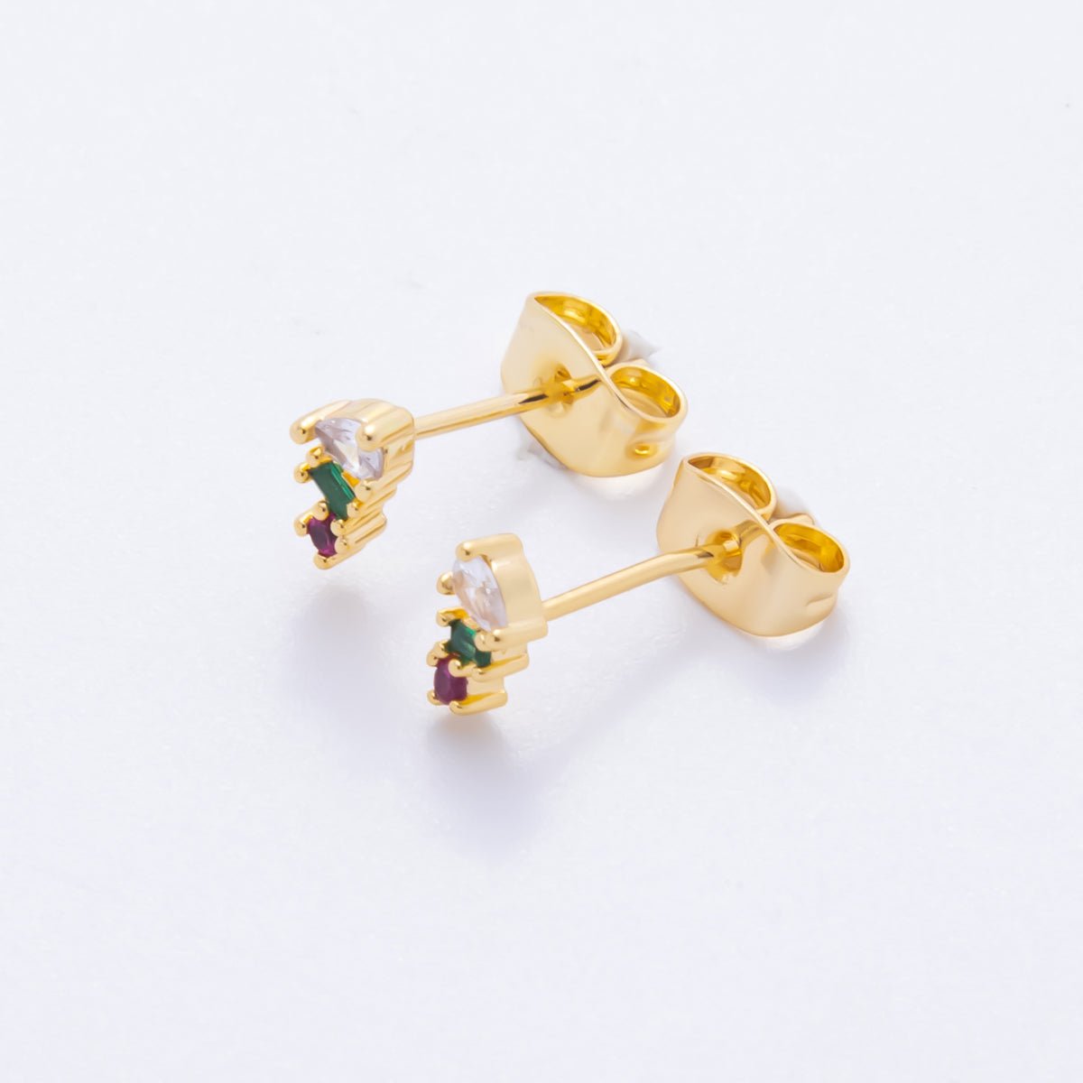 18K Gold Filled 4mm Clear, Multicolor CZ Teardrop Baguette Round Cluster Dainty Stud Earrings | AJ271 AJ272