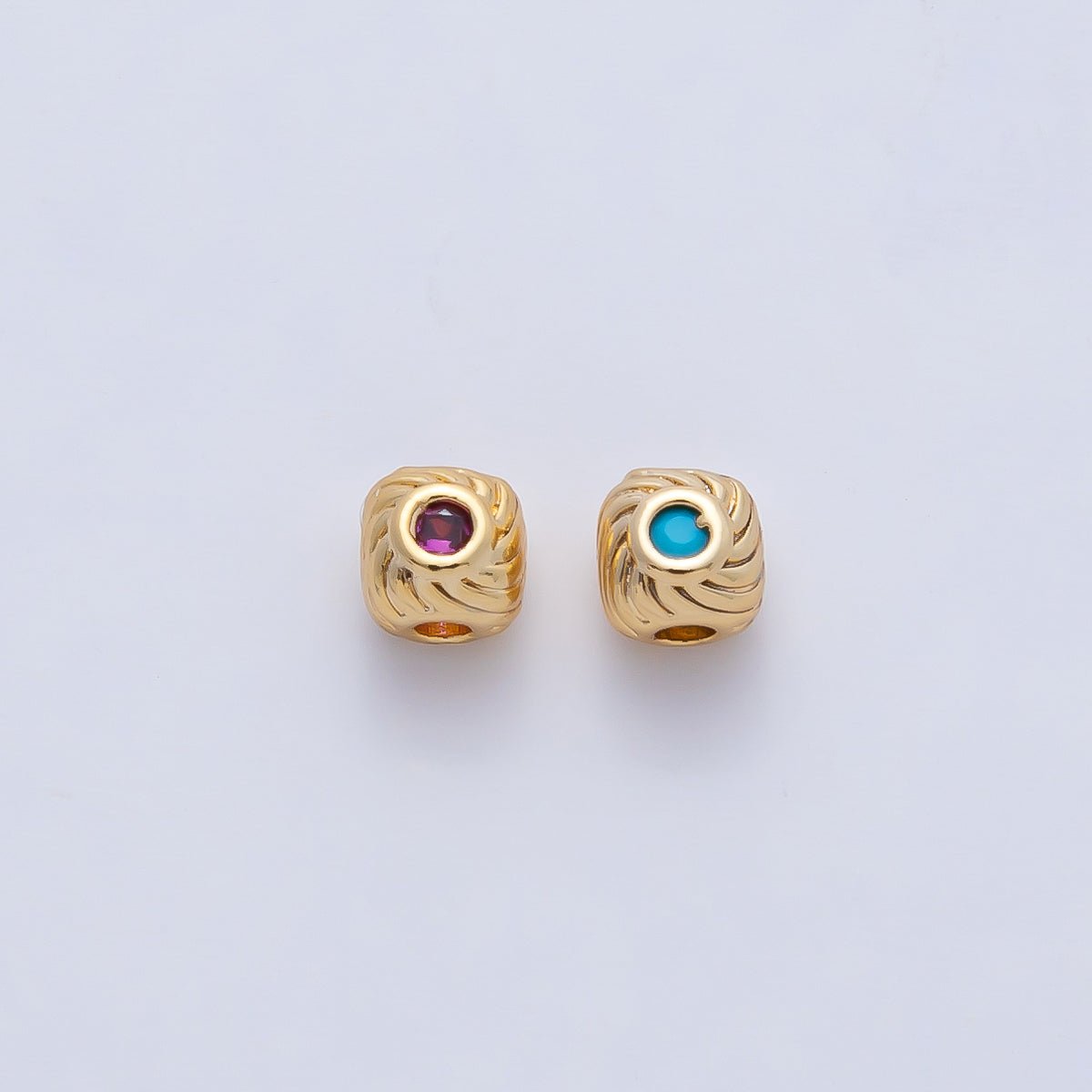 18K Gold Filled 4mm Fuchsia, Blue CZ Curled Line Bead | B522