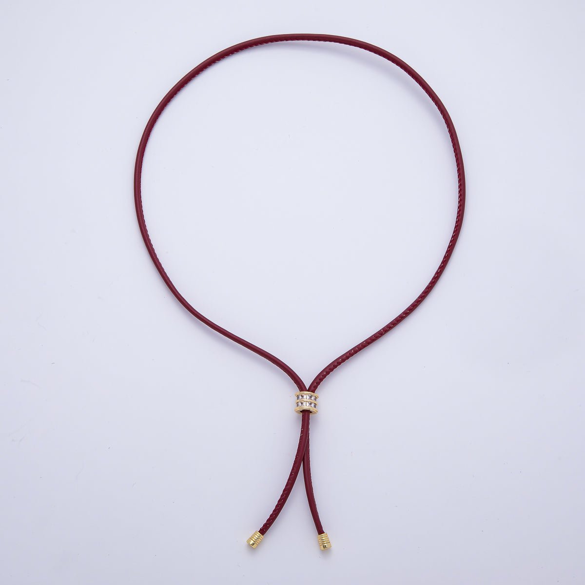 18K Gold Filled 4mm Red, Khaki, Brown Leather Bolo Chain w. Rectangular CZ 26 Inch Necklace | WA-256 WA-266 WA-375 WA-1661 WA-1669 WA-2048