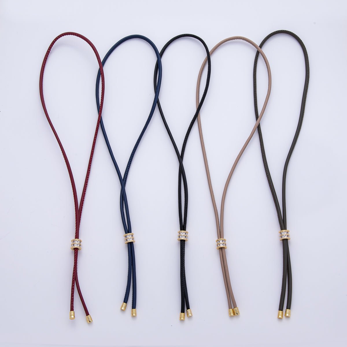 18K Gold Filled 4mm Red, Khaki, Brown Leather Bolo Chain w. Rectangular CZ 26 Inch Necklace | WA-256 WA-266 WA-375 WA-1661 WA-1669 WA-2048