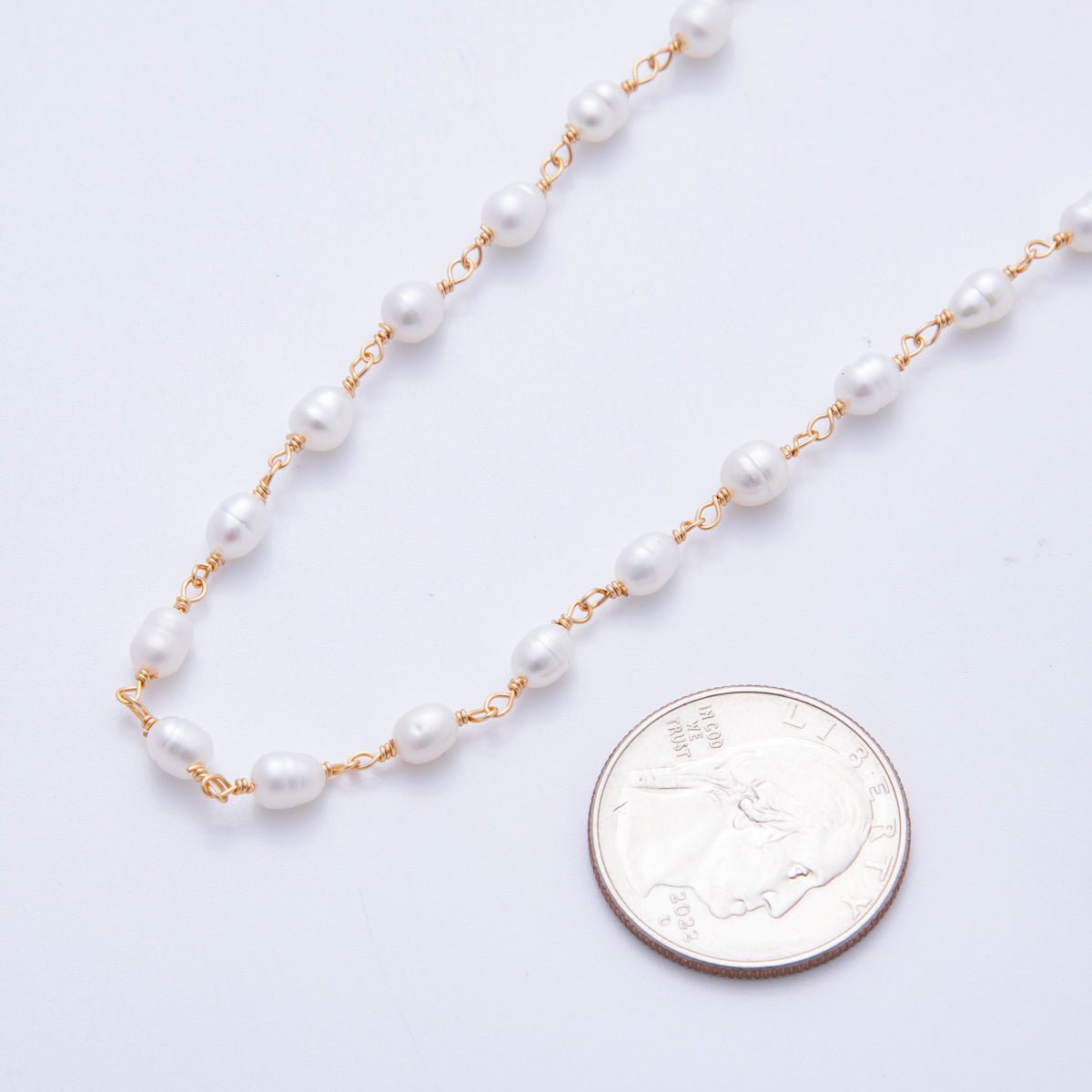 18K Gold Filled 6mm Unfinished White Potato Pearl Rosary Chain by Yard | ROLL-01705
