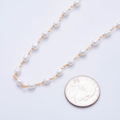 18K Gold Filled 6mm Unfinished White Potato Pearl Rosary Chain by Yard | ROLL-01705