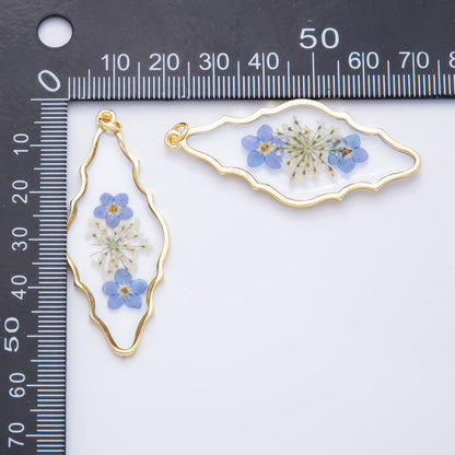 18K Gold Filled 54mm Resin Wavy Diamond-cut Blue Flowers Charm | AH849