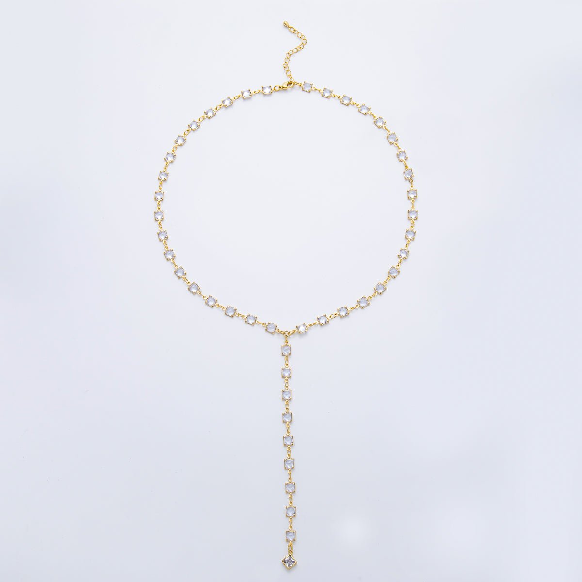 18K Gold Filled 5.7mm Clear, Multicolor Square CZ Chain 19 Inch Lariat Necklace w. Extender | WA-3273 WA-3274