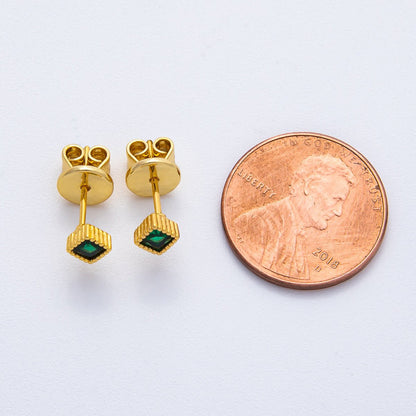 18K Gold Filled 5mm Emerald Green CZ Rhombus Bubbly Framed Studs Earrings | AD1571