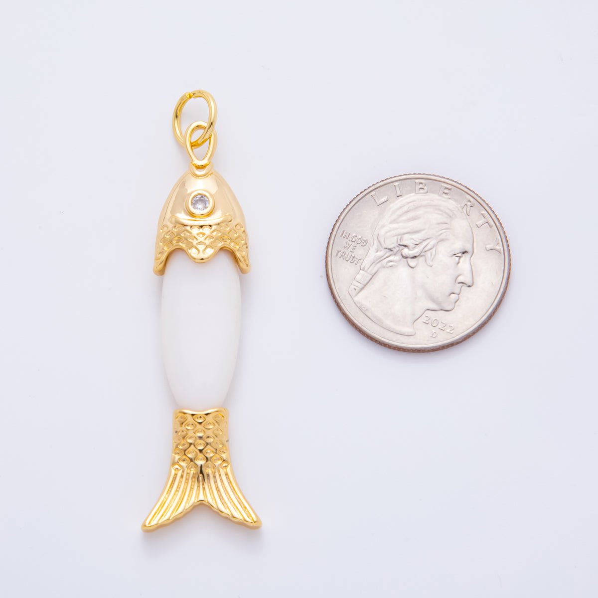 18K Gold Filled 60mm Round Clear CZ Shell Pearl Fish Charm | AH925