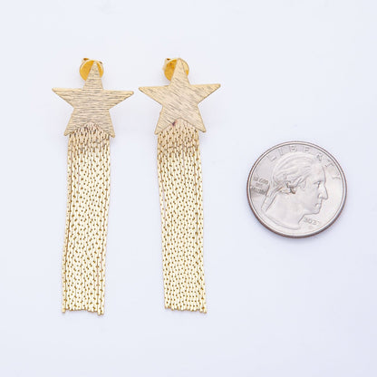 18K Gold Filled 63.3mm Textured Star Snake Chain Fringe Drop Stud Earrings | T488