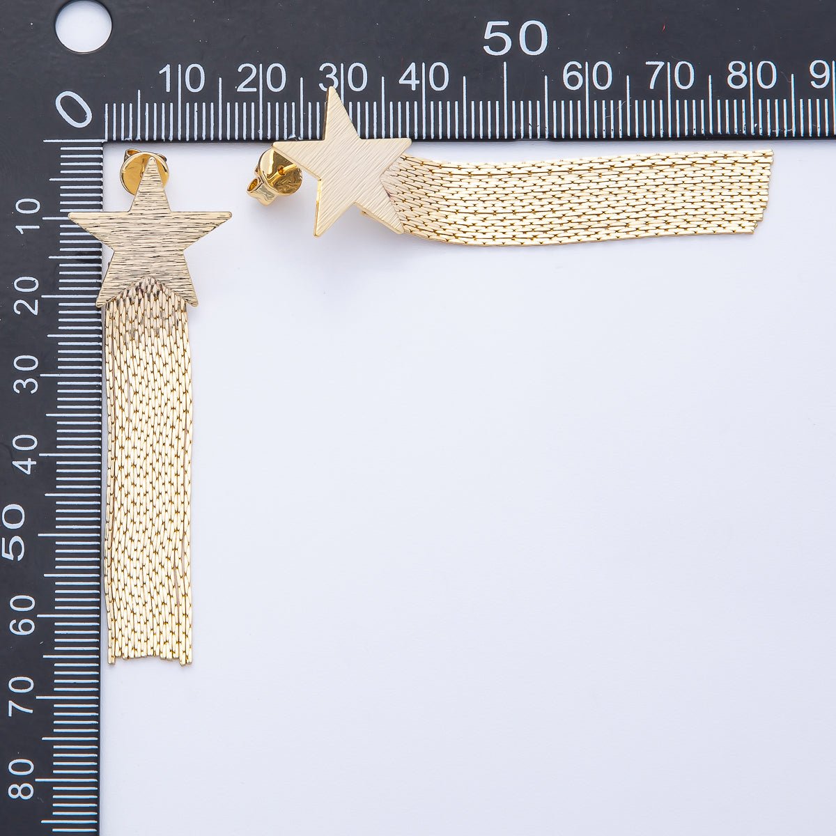 18K Gold Filled 63.3mm Textured Star Snake Chain Fringe Drop Stud Earrings | T488
