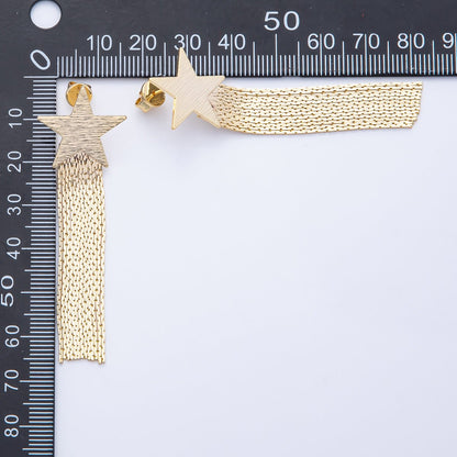 18K Gold Filled 63.3mm Textured Star Snake Chain Fringe Drop Stud Earrings | T488