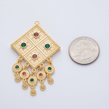 18K Gold Filled 64mm Multicolor CZ Artisan Dotted Rhombus Round Drop Charm | AF1417
