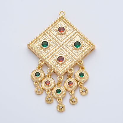 18K Gold Filled 64mm Multicolor CZ Artisan Dotted Rhombus Round Drop Charm | AF1417