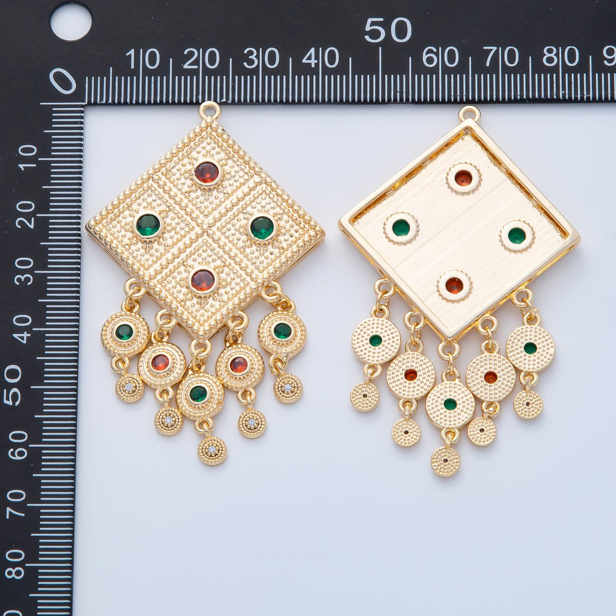 18K Gold Filled 64mm Multicolor CZ Artisan Dotted Rhombus Round Drop Charm | AF1417