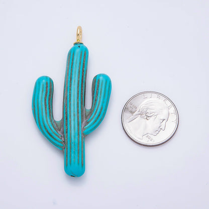 18K Gold Filled 67mm Turquoise Teal Enamel Cactus Plant Pendant | Charms-00356