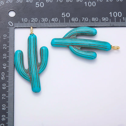 18K Gold Filled 67mm Turquoise Teal Enamel Cactus Plant Pendant | Charms-00356