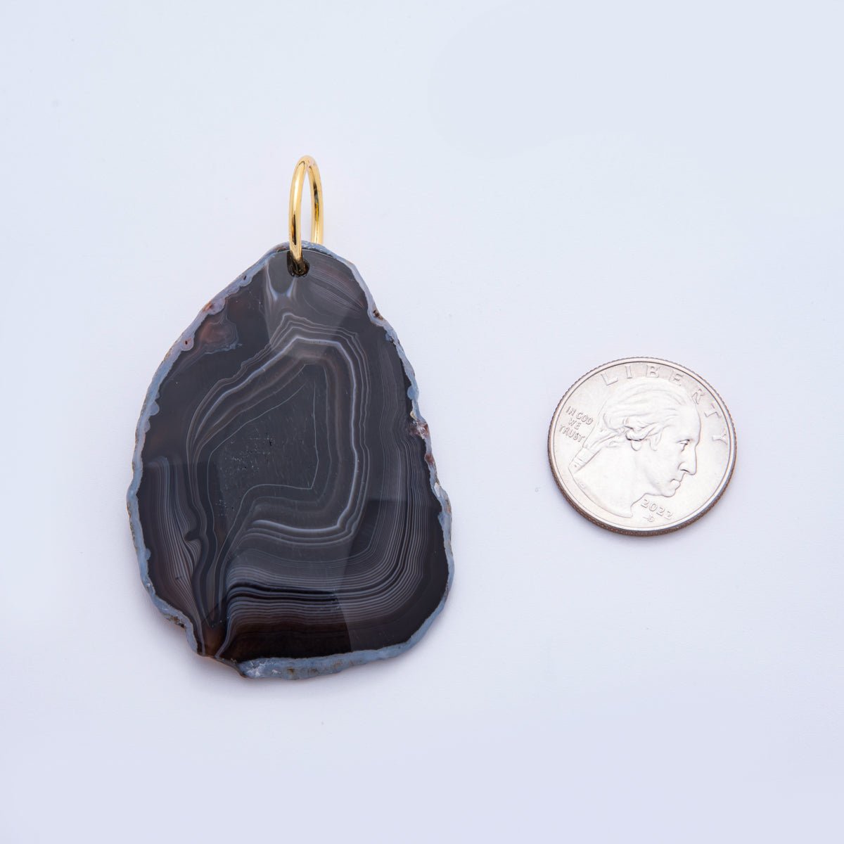 18K Gold Filled 68mm Black Agate Gemstone Raw Slice Edge Charm | E608