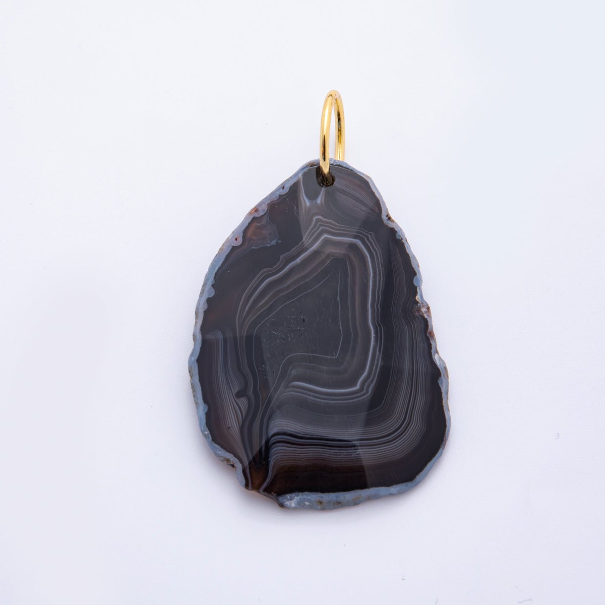 18K Gold Filled 68mm Black Agate Gemstone Raw Slice Edge Charm | E608