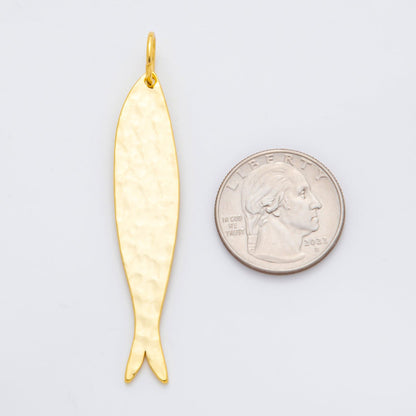 18K Gold Filled 68mm Long Minimalist Hammered Sardine Fish Charm | AF-01313