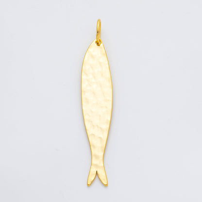 18K Gold Filled 68mm Long Minimalist Hammered Sardine Fish Charm | AF-01313