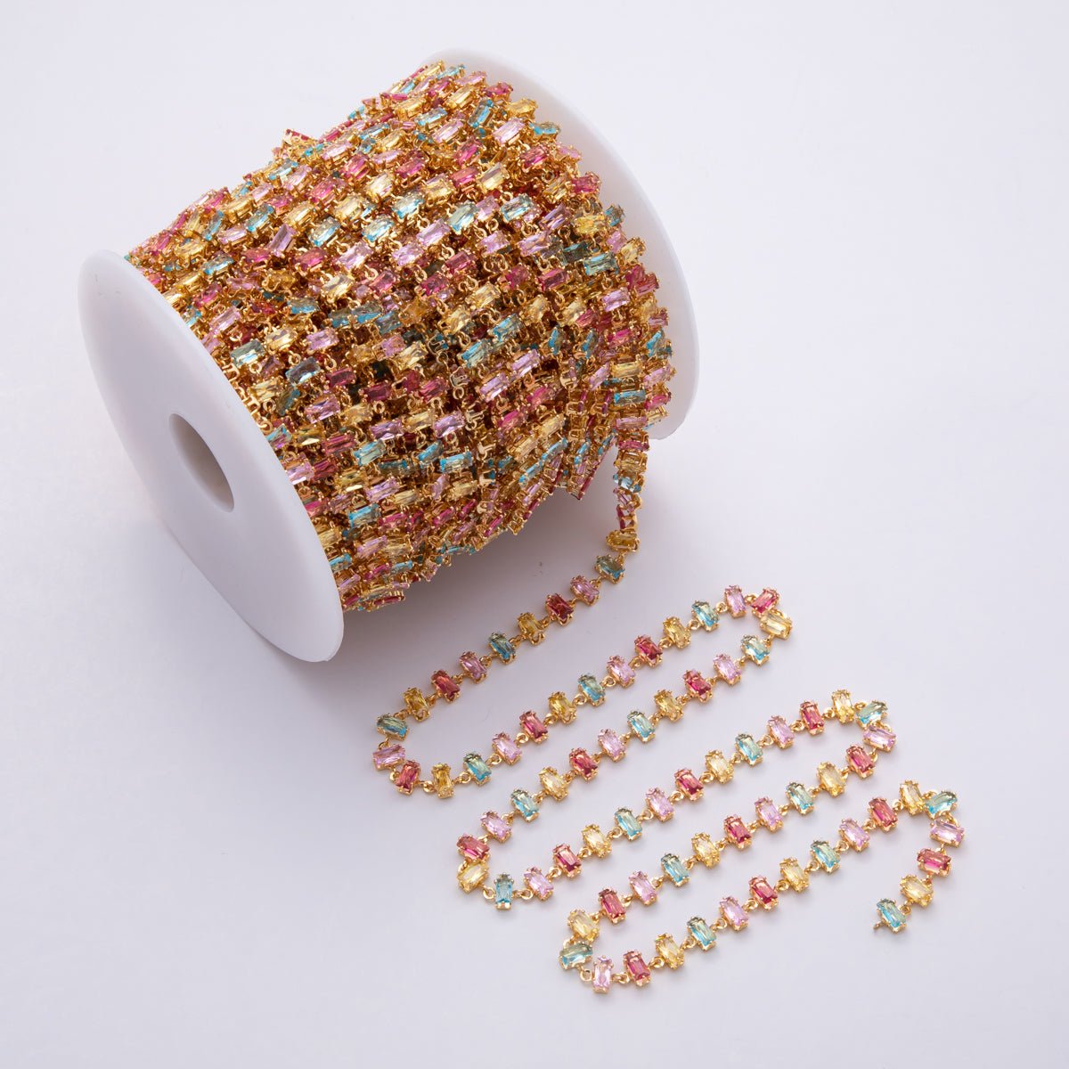 18K Gold Filled 6.8mm Multicolor Pastel Baguette CZ Gemstone Unfinished Chain by Yard | Roll-1830