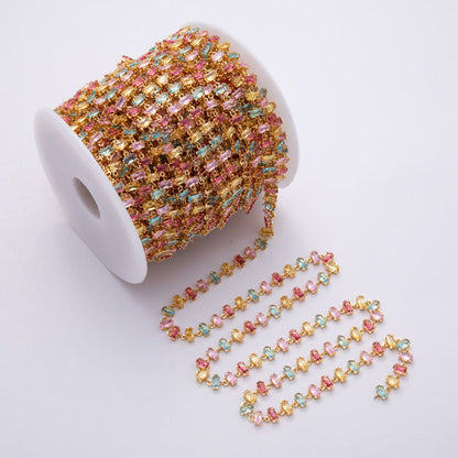 18K Gold Filled 6.8mm Multicolor Pastel Baguette CZ Gemstone Unfinished Chain by Yard | Roll-1830