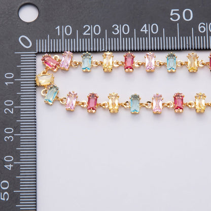 18K Gold Filled 6.8mm Multicolor Pastel Baguette CZ Gemstone Unfinished Chain by Yard | Roll-1830