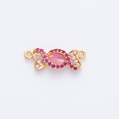 18K Gold Filled 6mm Clear &amp; Fuchsia Micro Paved &amp; Pink Teardrop CZ Candy Charm Connector | Y-157