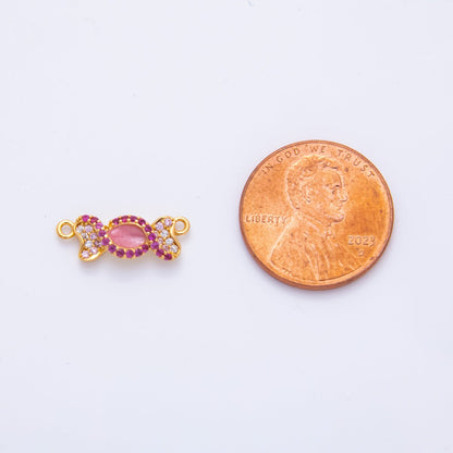 18K Gold Filled 6mm Clear &amp; Fuchsia Micro Paved &amp; Pink Teardrop CZ Candy Charm Connector | Y-157