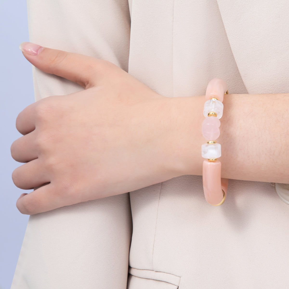 18K Gold Filled 6mm Rose Quartz Gemstone Heart Bead Stretch Bracelet | WA-04140