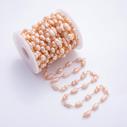 18K Gold Filled 6mm Unfinished Pink Ringed Potato Pearl Rosary Chain by Yard | ROLL-01707