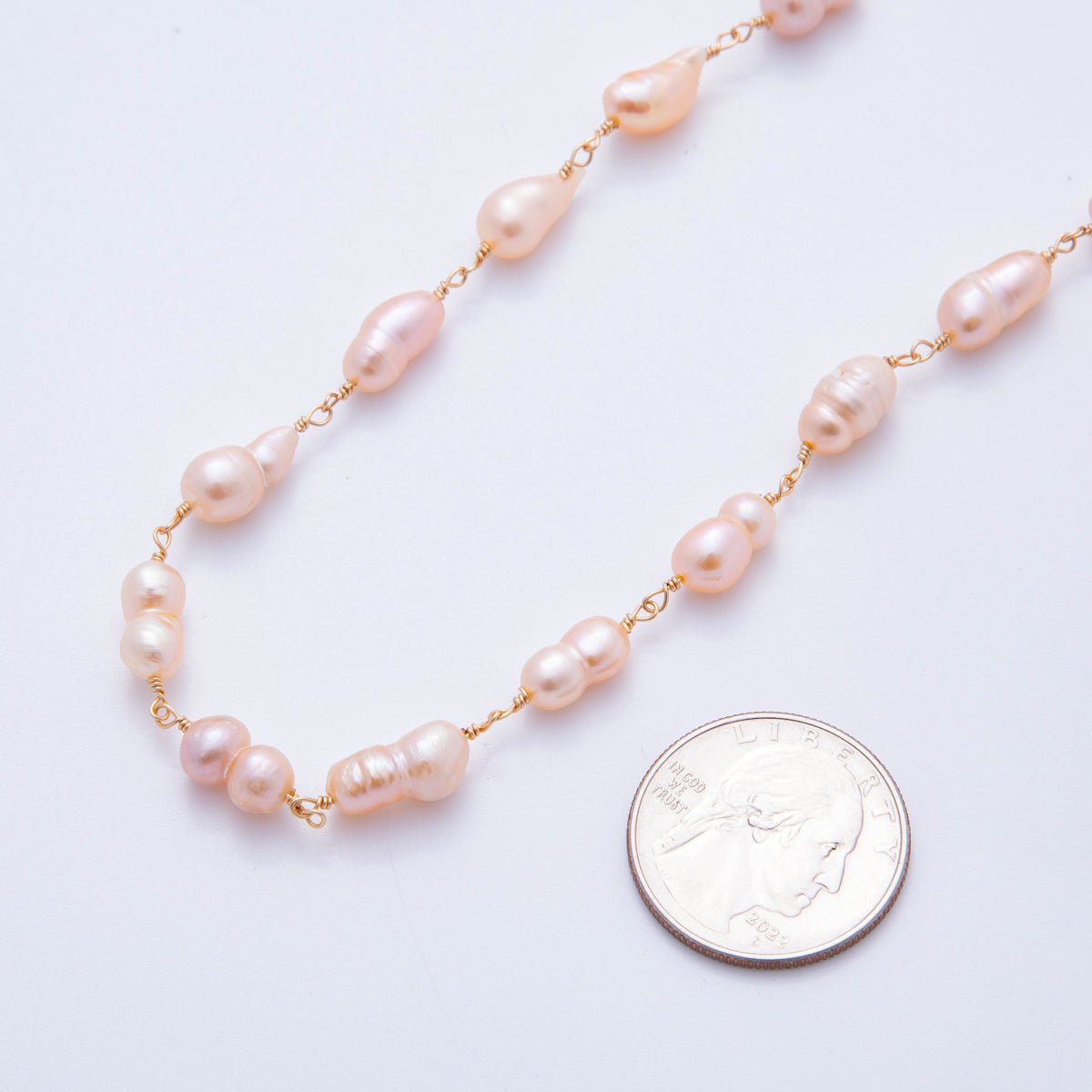 18K Gold Filled 6mm Unfinished Pink Ringed Potato Pearl Rosary Chain by Yard | ROLL-01707