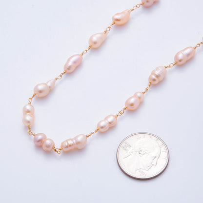 18K Gold Filled 6mm Unfinished Pink Ringed Potato Pearl Rosary Chain by Yard | ROLL-01707