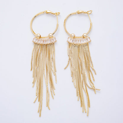 18K Gold Filled 76mm Clear Baguette CZ Box Chain Tassel C-Shaped Hinge Hoop Earrings | T013