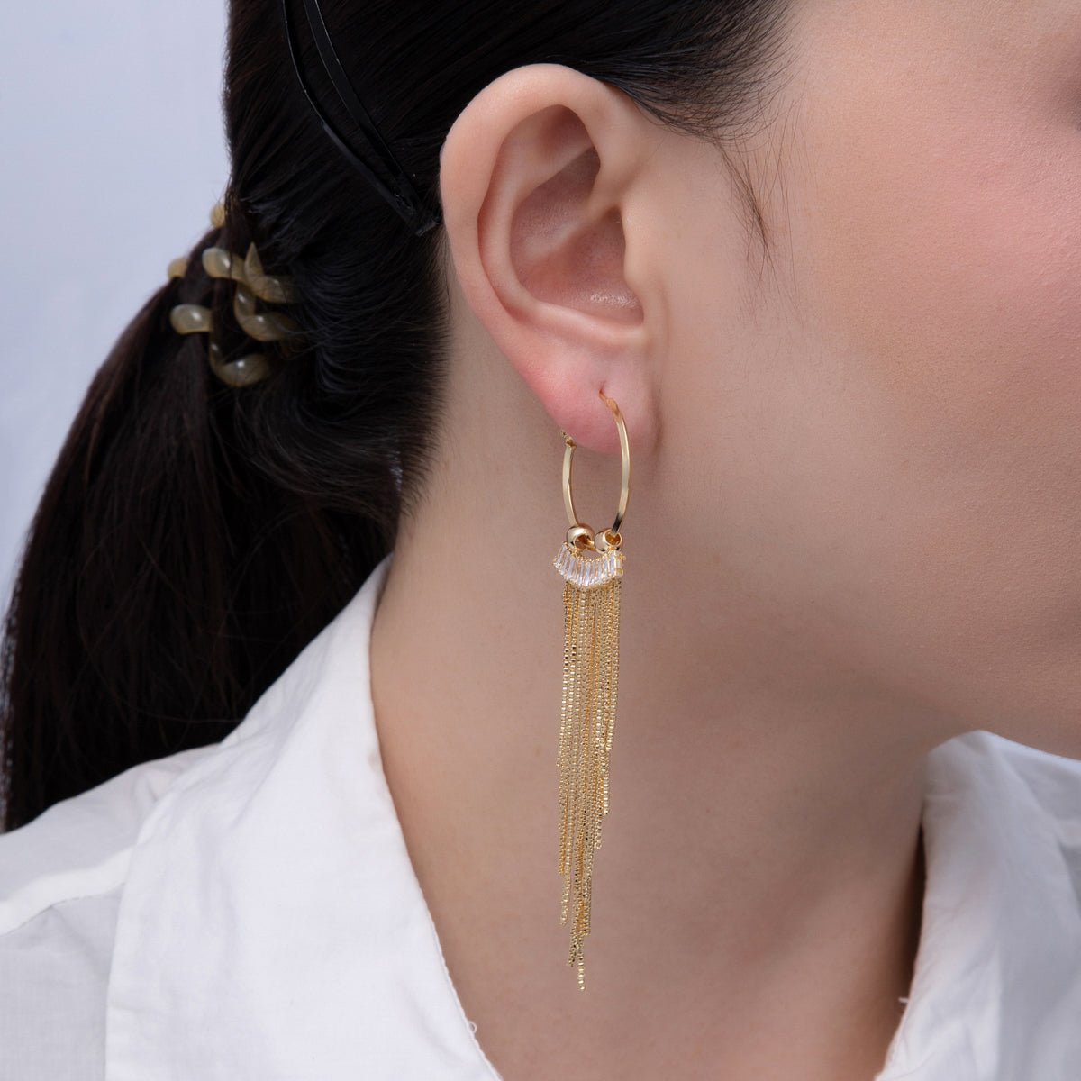 18K Gold Filled 76mm Clear Baguette CZ Box Chain Tassel C-Shaped Hinge Hoop Earrings | T013