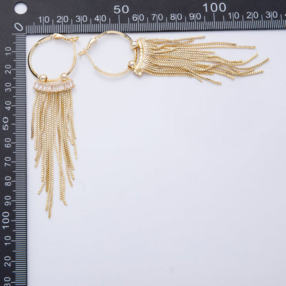 18K Gold Filled 76mm Clear Baguette CZ Box Chain Tassel C-Shaped Hinge Hoop Earrings | T013