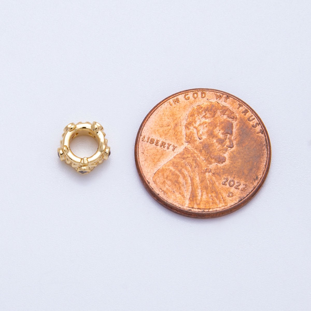 18K Gold Filled 7mm Clear CZ Geometric Dotted Rondelle Spacer Bead | Beads-00165
