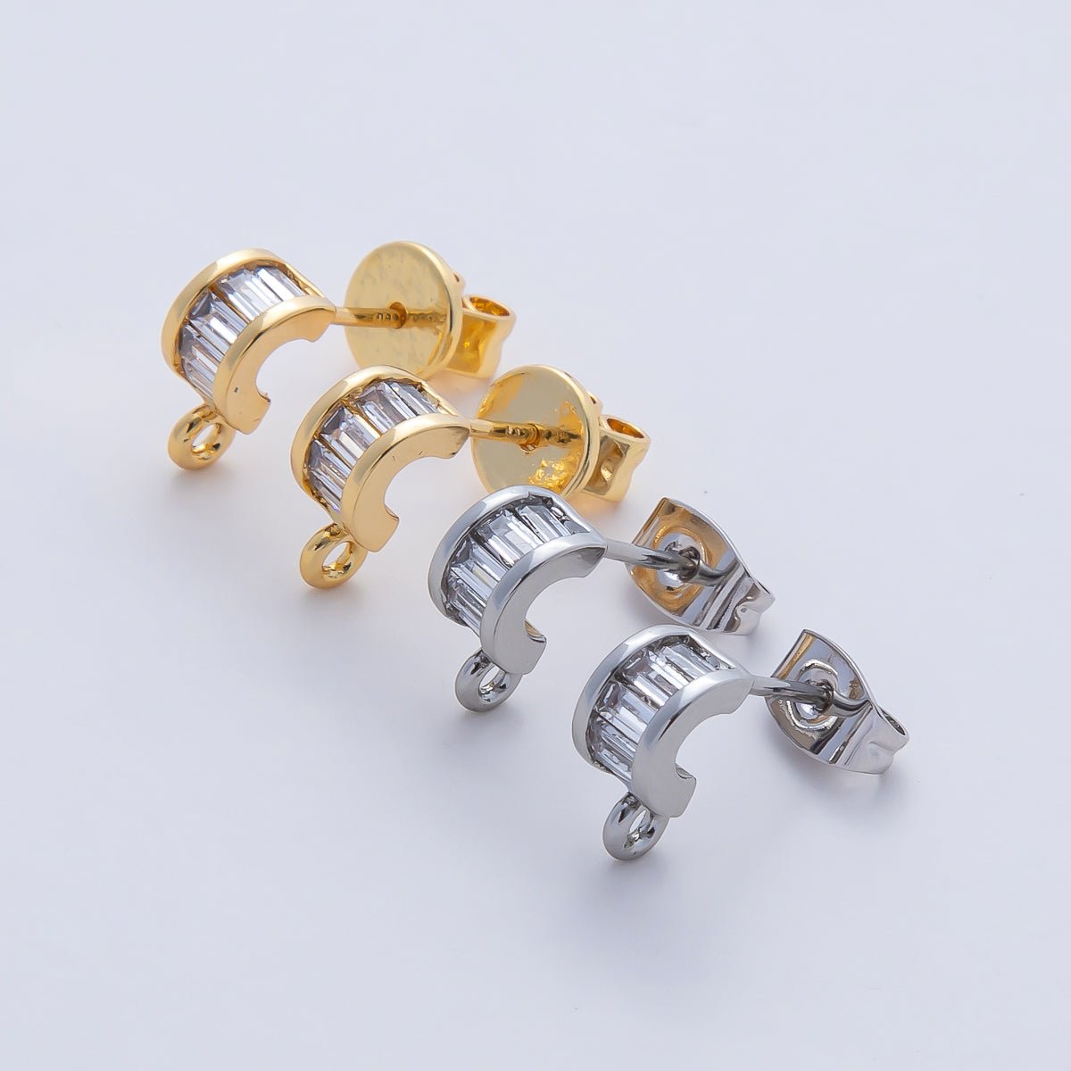 18K Gold Filled 9.5mm Clear Baguette CZ Drop C-Shaped Hoop Earring Findings in Gold &amp; Silver | Z1638